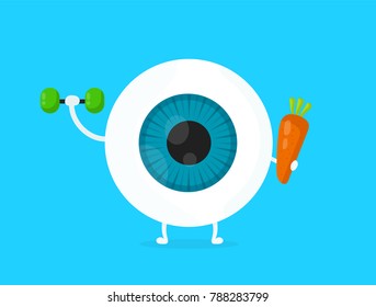 Strong healthy white eye, eyeball doing exercises with dumbbells and carrot character. Vector flat cartoon illustration icon design. Isolated on blue backgound. Eye care food,carrot,vision infographic