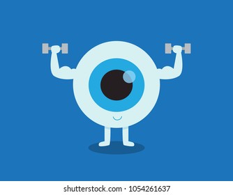 Strong healthy white eye, illustration icon Medical healthcare concept.
eyeball doing exercising with dumbbells. Vector flat cartoon character design. Isolated on blue background