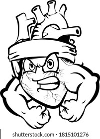 strong heart with bandana line art. Heart diagnostic center sign. Human heart cartoon design.