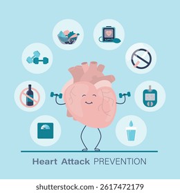 Strong heart bodybuilding with dumbbells. Heart attack prevention infographic. Healthy food and sport for strong heart. Cute character human heart, funny mascot. flat vector illustration