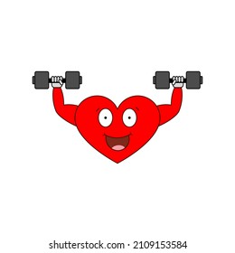 Strong heart with a dumbbell. Vector cartoon heart character doing weight training.