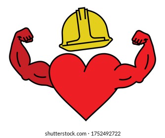 strong heart with helmet, builder hands, vector illustration