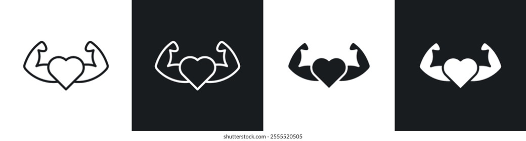 Strong heart icon vector collection in black and white.