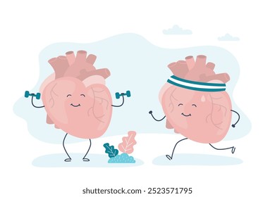 Corazón fuerte que trota y culturismo con mancuernas. Alimentación saludable y deporte para un corazón fuerte. Corazón humano lindo del carácter, mascota divertida. Ilustración vectorial plana