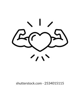 Strong heart, in line design. Cardiovascular, healthy, fitness, robust heart, heart health, endurance on white background vector. Strong heart, editable stroke icon.