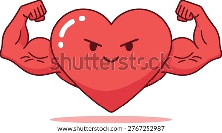 Strong heart mascot flexing muscles in clean flat vector illustration suitable for fitness design and creative coloring page