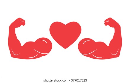 Strong heart sign with muscle arms color red on white background.Vector illustration  