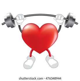 Strong heart weight lifting over. Heart shaped mascot. Health-care concept,  illustration isolated on white background.