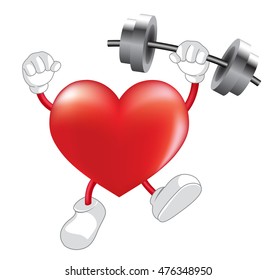 Strong heart weight lifting over. Heart shaped mascot. Health-care concept,  illustration isolated on white background.