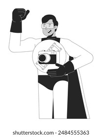 Strong hindu man hero holding camera black and white 2D line cartoon character. Male superhero sharing power of photography isolated vector outline person. Art monochromatic flat spot illustration