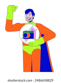 Strong hindu man hero holding camera 2D linear cartoon character. Indian male superhero sharing power of photography isolated line vector person white background. Art color flat spot illustration