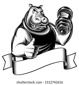 Strong hippo holds dumbbell, shows thumbs up. Sport mascot of fitness gym. Banner ribbon with copy space. Vector illustration of character design in inked engraving retro print black and white style.