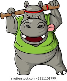 Strong Hippo standing and holding baseball bit of illustration
