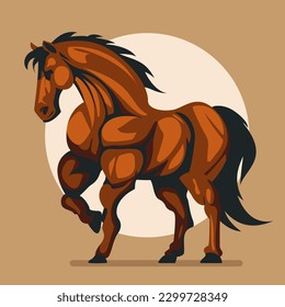 Strong horse animal showing his muscles, mascot logo, different shapes, angry huge brown horse with athletic body, flat character vector illustration