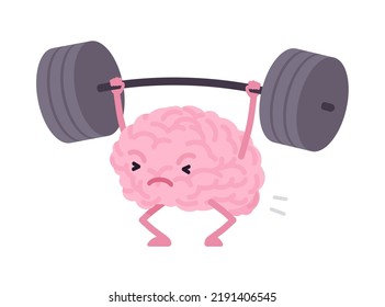 Strong Human Brain Cute Character Weight Lifting Pose. Keep Young, Strong, Agile, Adaptable, Mental Fitness To Level Up Mental Performance And Cognitive Power. Vector Flat Style Illustration