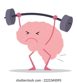 Strong human brain cute character weight lifting pose. Keep young, strong, agile, adaptable, mental fitness to level up mental performance and cognitive power.