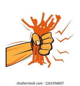 Strong, human hand, hold people and businessmen on the palm