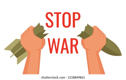 Starke menschliche Hände, die zerbrochene Teile der Rakete halten und Kriegsbotschaften beenden. Cartoon-Menschen protestieren gegen russische Militäraktionen und retten weltweit flache Vektorgrafik. Frieden, Machtkonzept