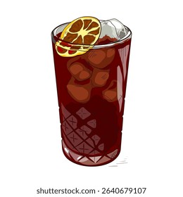 Strong iced cocktail with deep red color and dried orange garnish. Perfect for bar menus and holiday designs