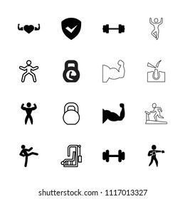 Strong icon. collection of 16 strong filled and outline icons such as barbell, muscle, heart with muscles, karate, bodybuilder. editable strong icons for web and mobile.