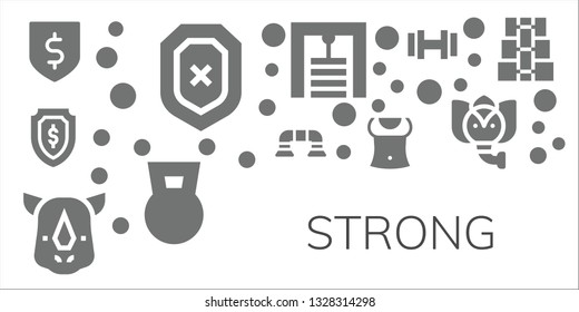 strong icon set. 11 filled strong icons.  Simple modern icons about  - Protection, Shield, Push up, Rhino, Abs, Gym station, Dumbbell, Elephant