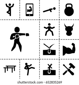 Strong icon. set of 13 filled strongicons such as no hair in skin, shave hair in skin, push up, karate, kettle, muscular arm  on phone, helmet, screwdriver, muscle arm