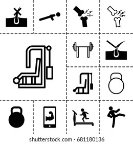 Strong icon. set of 13 filled and outline strong icons such as no hair in skin, shave hair in skin, treadmill, push up, broken leg or arm, kettle, muscular arm  on phone