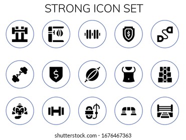 strong icon set. 15 filled strong icons.  Simple modern icons such as: Barbell, Punching bag, Protection, Dumbbell, Shield, Abs, Chest expander, Elephant, Rope, Push up, Boxing ring