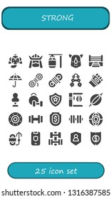 strong icon set. 25 filled strong icons.  Collection Of - Elephant, Samurai, Punching bag, Rhino, Boxing ring, Protection, Rope, Barbell, Karate, Weightlifting, Shield, Dumbbell