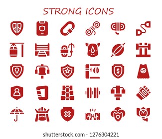  strong icon set. 30 filled strong icons. Simple modern icons about  - Shield, Carabiner, Rope, Chest expander, Punching bag, Boxing ring, Rhino, Barbell, Gym station, Superhero
