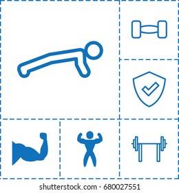 Strong icon. set of 6 strong filled and outline icons such as muscle, bodybuilder, barbell, shield