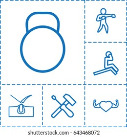 Strong icon. set of 6 strong outline icons such as shave hair in skin, heart with muscles, karate, kettle, screwdriver