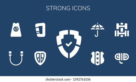 strong icon set. 9 filled strong icons. Included Shield, Carabiner, Rope, Superhero, Dumbbell, Protection icons