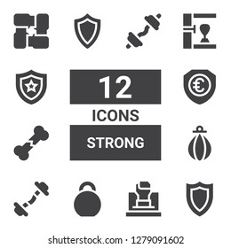 strong icon set. Collection of 12 filled strong icons included Shield, Fist, Kettlebell, Dumbbell, Punching bag, Broken bone, Arms