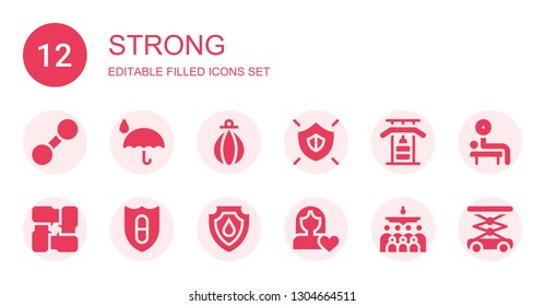 strong icon set. Collection of 12 filled strong icons included Dumbbell, Protection, Punching bag, Shield, Gym bars, Arms, Women rights, Mass, Weightlifting, Lift