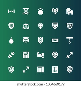 strong icon set. Collection of 25 filled strong icons included Shield, Mondrian, Lift, Dumbbell, Arm, Rope, Amc, Saber toothed tiger, Punching bag, Protect, Mass, Elephant, Kettlebell