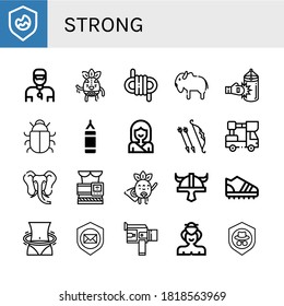 strong icon set. Collection of Shield, Trainer, Wrestler, Rope, Bison, Punching bag, Antivirus, Karate, Archer, Lifter, Elephant, Slimming belt, Superhero, Viking helmet icons