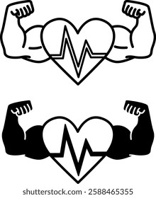 Strong Icons. Black and White Vector Drawings. Arms with Biceps and Heart with Pulse. Strength Training, Bodybuilding. Sport and Gym Concept