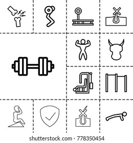 Strong icons. set of 13 editable outline strong icons such as no hair in skin, helmet, horizontal bar, fintess equipment, man doing exercises, gym equipment, broken leg or arm