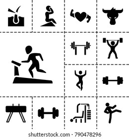 Strong icons. set of 13 editable filled strong icons such as barbell, fintess equipment, man doing exercises, power lifter, shave hair in skin, treadmill, gym equipment