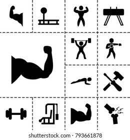 Strong icons. set of 13 editable filled strong icons such as fintess equipment, muscle arm, gym equipment, barbell, muscle, broken leg or arm, screwdriver, karate, bodybuilder