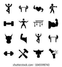 Strong icons. set of 16 editable filled strong icons such as helmet, man doing exercises, barbell, broken leg or arm, screwdriver, karate, barbell   isolated, muscle arm
