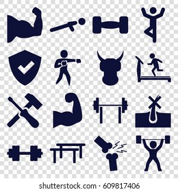 Strong icons set. set of 16 strong filled icons such as no hair in skin, treadmill, push up, broken leg or arm, karate, barbell, muscular arm, power lifter, barbell   isolated