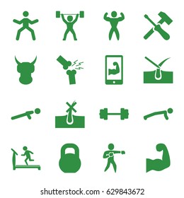 Strong icons set. set of 16 strong filled icons such as no hair in skin, shave hair in skin, treadmill, push up, barbell, broken leg or arm, karate, bodybuilder