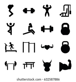 Strong icons set. set of 16 strong filled icons such as treadmill, barbell, heart with muscles, bodybuilder, kettle, barbell   isolated, helmet, horizontal bar, muscle arm
