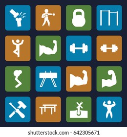 Strong icons set. set of 16 strong filled icons such as no hair in skin, barbell, muscle, broken leg or arm, karate, bodybuilder, muscular arm, barbell   isolated, screwdriver