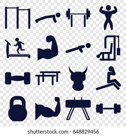 Strong icons set. set of 16 strong filled icons such as treadmill, muscle, push up, barbell, bodybuilder, muscular arm, helmet, horizontal bar, fintess equipment