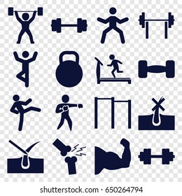 Strong icons set. set of 16 strong filled icons such as no hair in skin, shave hair in skin, treadmill, broken leg or arm, karate, barbell, kettle, power lifter