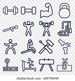 Strong icons set. set of 16 strong outline icons such as no hair in skin, treadmill, barbell, push up, broken leg or arm, bodybuilder, muscular arm, power lifter, screwdriver