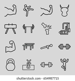 Strong icons set. set of 16 strong outline icons such as no hair in skin, muscle, push up, barbell, broken leg or arm, muscular arm, barbell   isolated, helmet, muscle arm